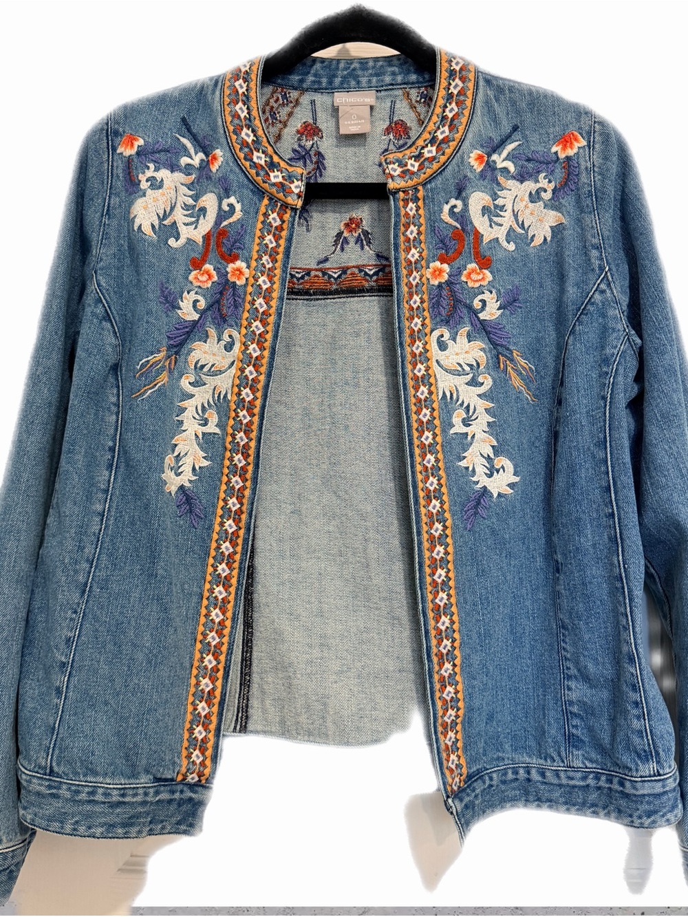 Chico's Blue Denim Jacket with Multicolor Floral Embroidery